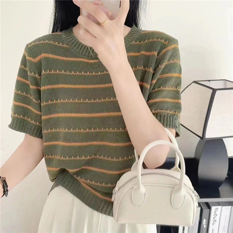 夏季新款显瘦气质短袖针织衫时尚百搭圆领打底衫套头条纹女士上衣
