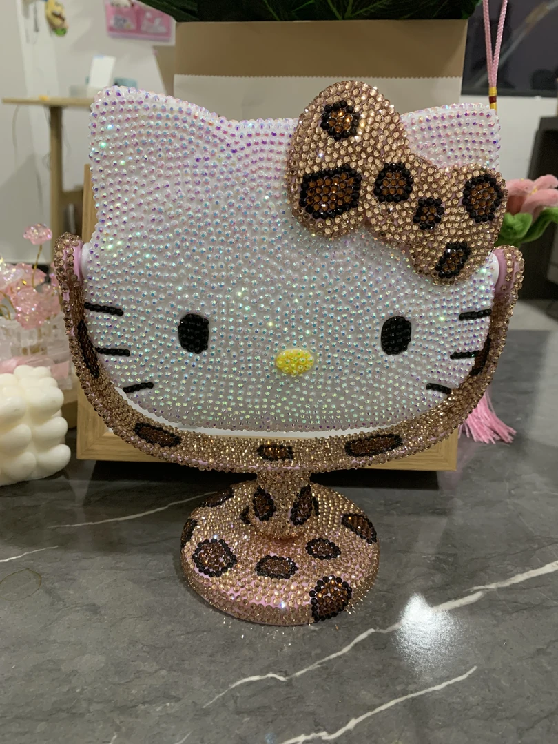 hellokitty满钻镜子豹纹DIY贴钻KT猫台式镜子材料包创意生日礼物