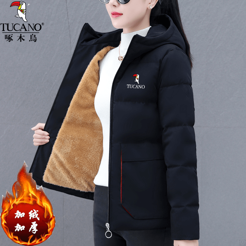 啄木鸟2023冬季新款女加绒加厚棉服休闲连帽抗寒保暖大码棉衣外套