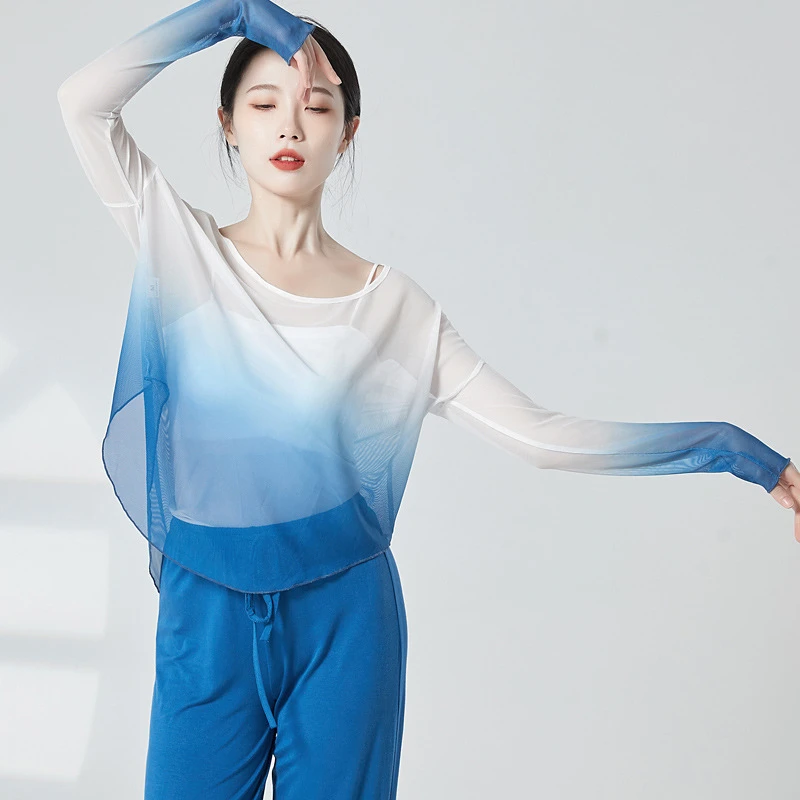 渐变网纱上衣落肩长袖现代舞蹈练功服女身韵成人古典舞纱衣舞蹈服