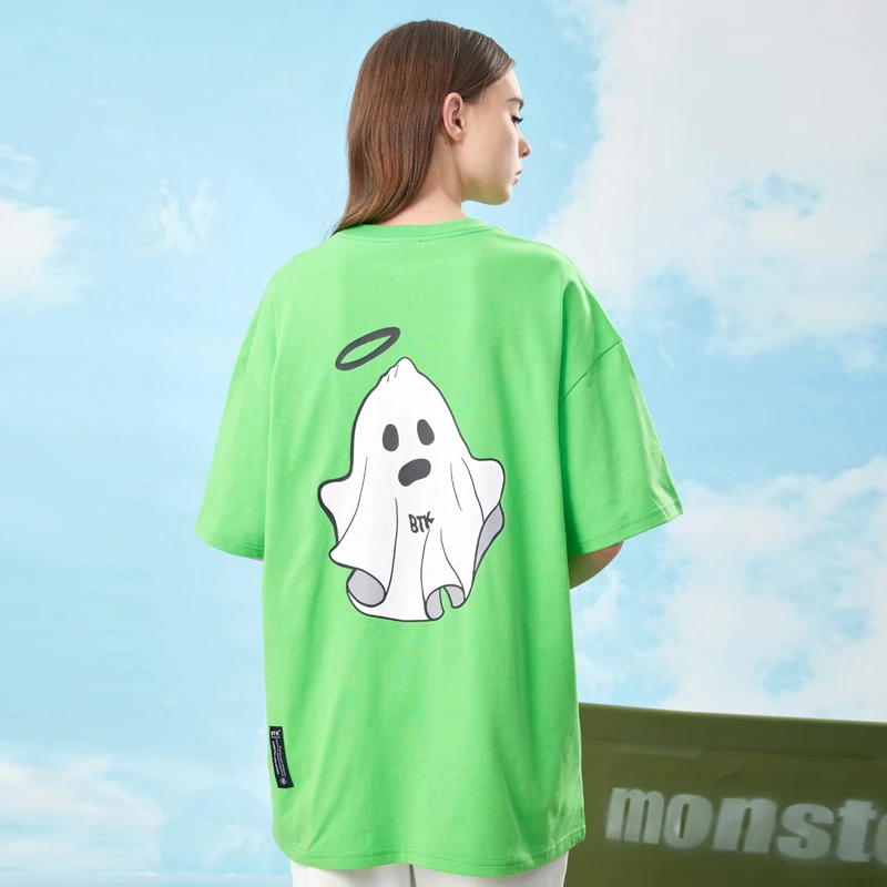 BTK潮牌反光小幽灵印花短袖男新款夏季薄荷曼波情侣卡通T恤A815