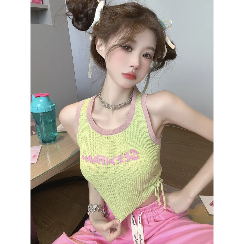 老钱风松弛感女装贵气女短款针织小吊带女夏季新款高腰抽绳系带小
