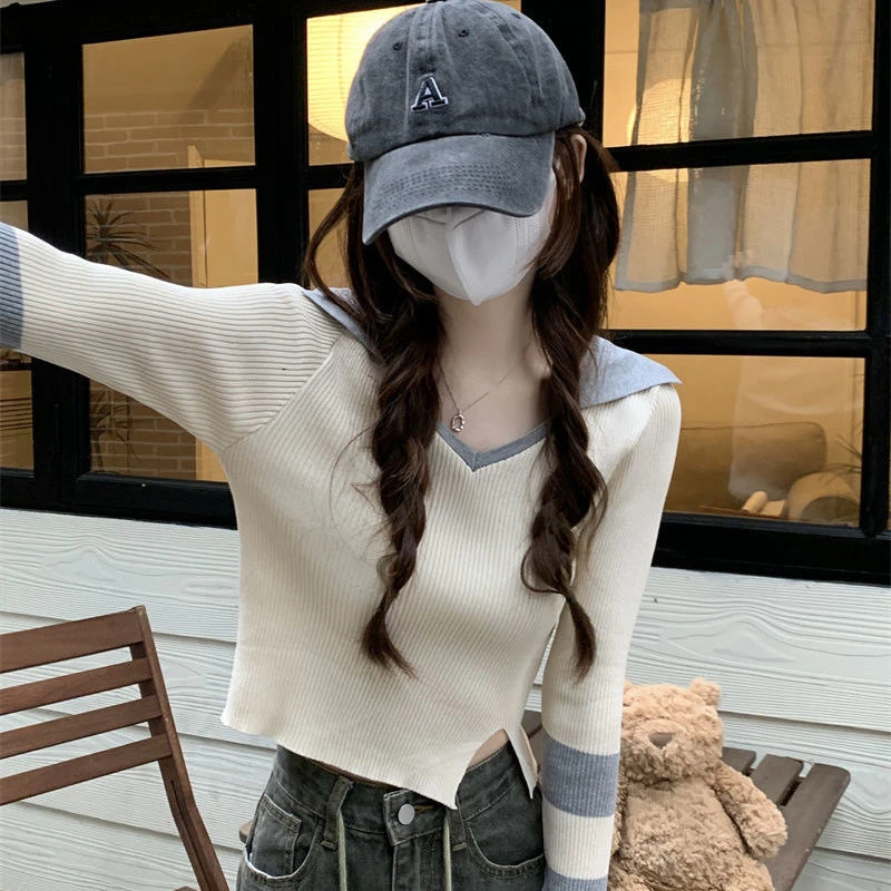 老钱风松弛感女装贵气女polo领撞色长袖毛衣2024春秋新款辣妹设小