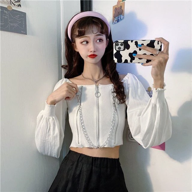 老钱风松弛感女装贵气版设计感拉链开衫链条拼接一字领灯笼袖修小