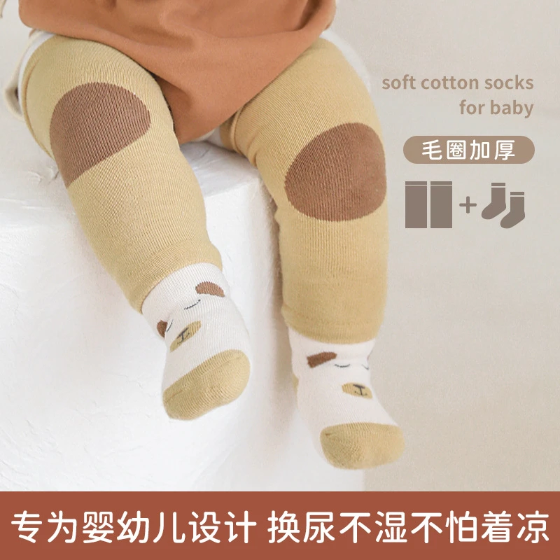宝宝袜子秋冬加绒加厚新生儿长筒袜婴儿分体0-3月保暖护膝护腿套