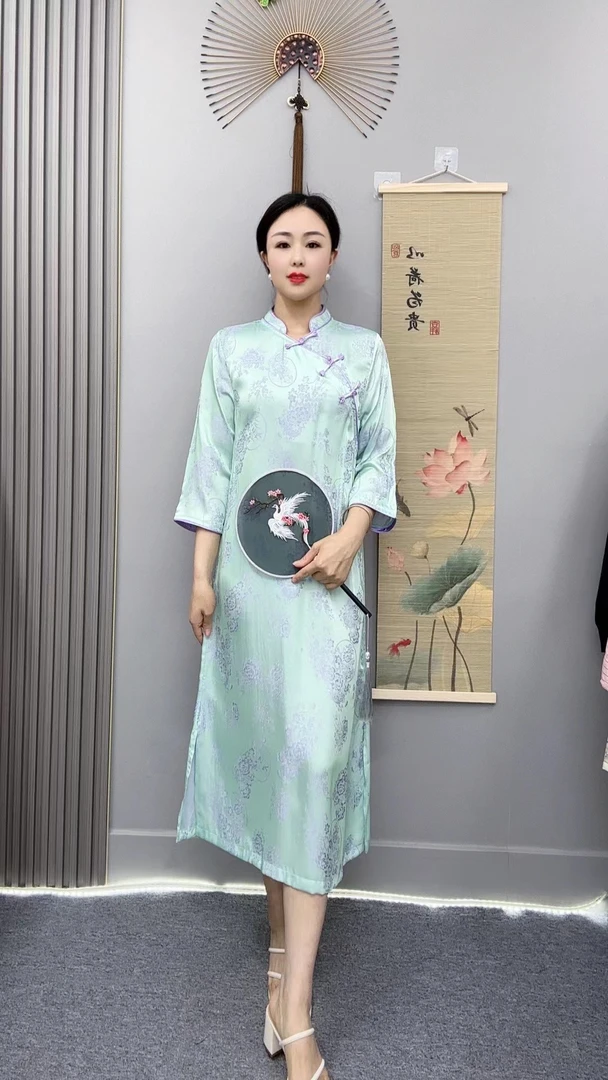 谦谦定制YJ3755湖蓝中式夏季新款妈妈装新中式国风斜襟提花连衣裙