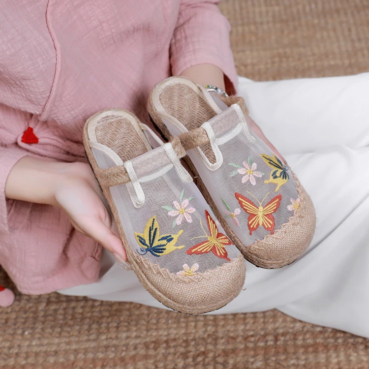 老北京布鞋女夏款网纱布拖鞋 亚麻防滑圆头外穿绣花网红鞋轻便AM6