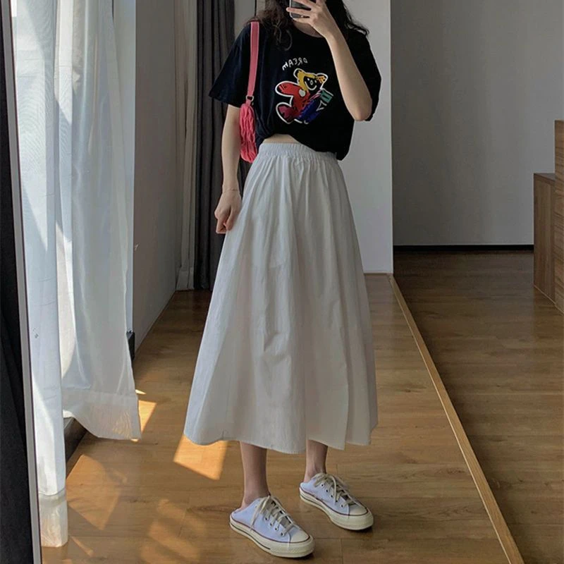 日系港味工装半身裙女学生大码胖mm棉质松紧腰伞裙中长款a字裙潮