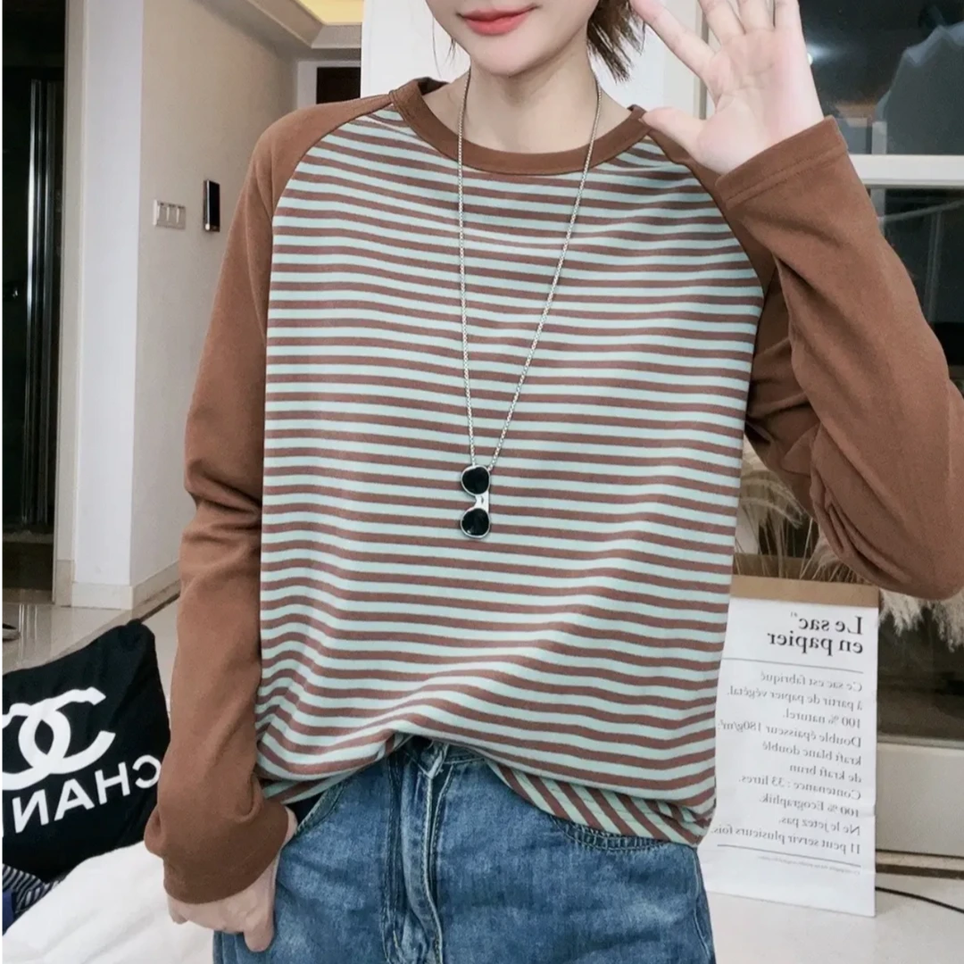 秋冬新款美式条纹插肩长袖t恤女不规则内搭美拉德穿搭打底衫上衣