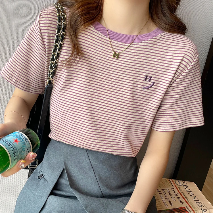 新疆长绒棉条纹短袖t恤女2024年新款立体刺绣设计感小众春夏穿搭