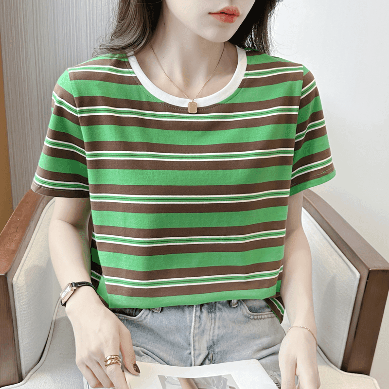 女士夏季新款圆领条纹短袖T恤小众显瘦正肩休闲小衫洋气短款上衣