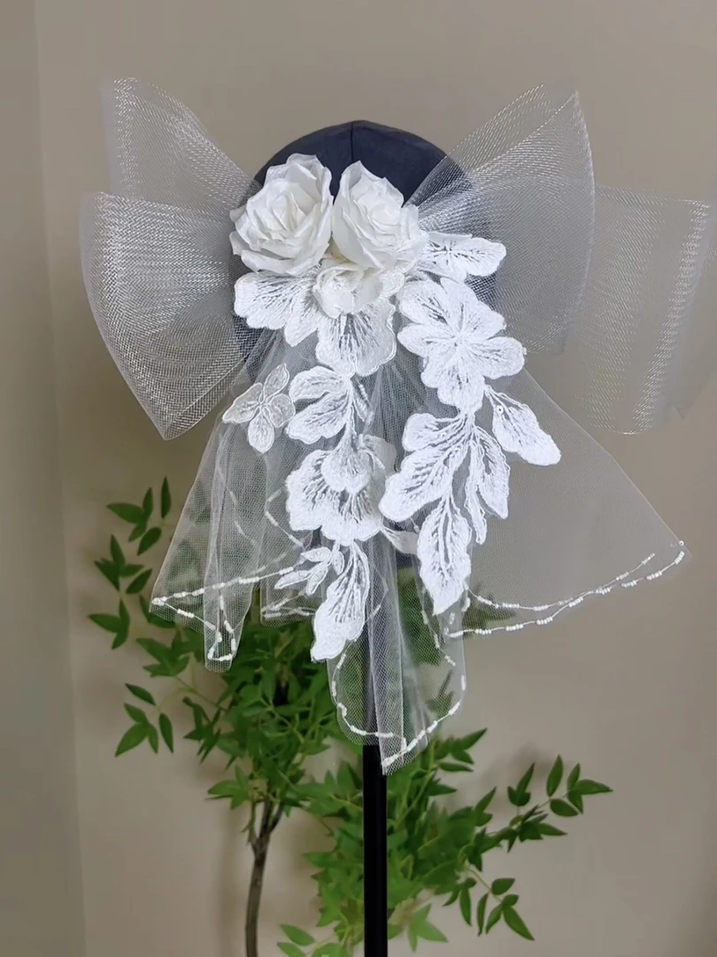 美高原创弹力网蝴蝶结韩国纱缝珠复古蕾丝新娘头饰品跟妆造型旅拍