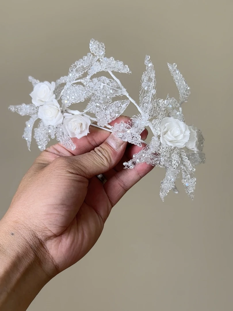 美高原创纯手工仙气手工花水晶皇冠新娘头饰品跟妆造型样片拍摄