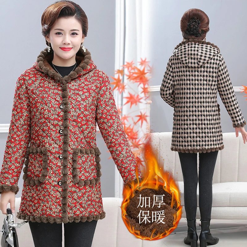 妈妈装冬季加绒连帽棉衣中老年女大码宽松中长款加厚保暖洋气棉袄