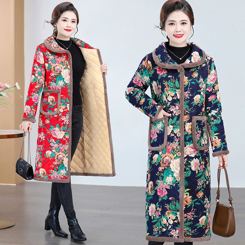 24新款妈妈冬季加绒加厚棉衣中年女长款冬装棉服外套洋气保暖棉袄