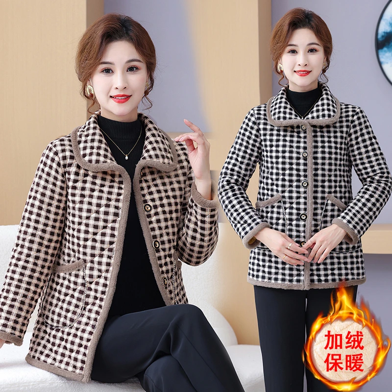 妈妈装加绒保暖棉服中老年女装冬季洋气千鸟格棉衣外套奶奶装棉袄
