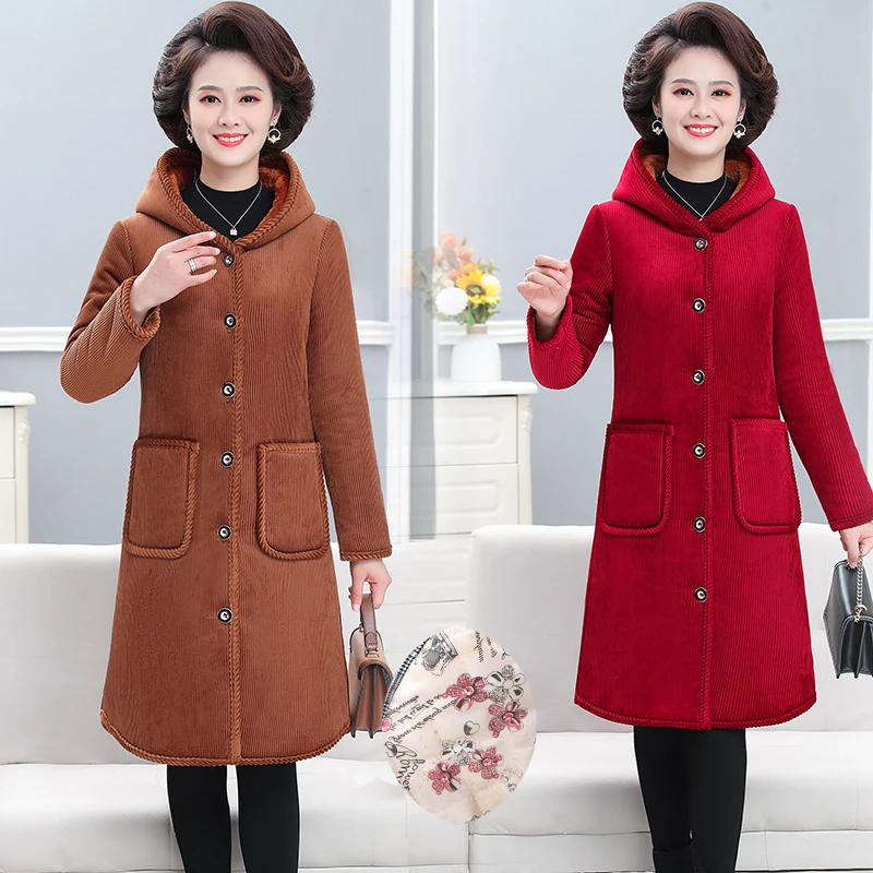 【三层加绒加厚一件过冬妈妈冬装中老年女装棉衣长款加绒加厚过膝