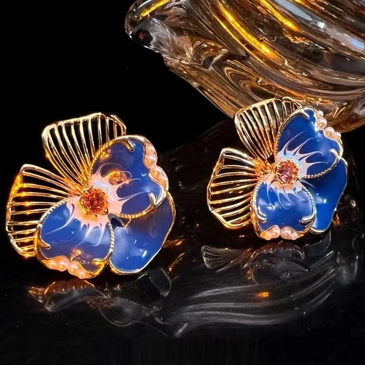 铜合金耳饰 【N277】手工气质蓝色轻奢复古古风优雅国风古典彩绘