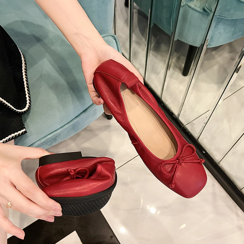 法式小红鞋春秋舒适豆豆鞋时尚百搭红色羊皮软底奶奶鞋