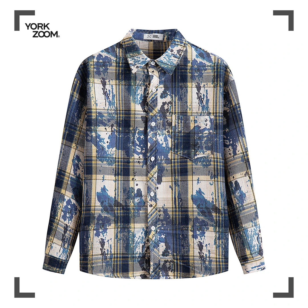 York Zoom秋季新品重磅扎染工艺格子衬衫长袖衬衣潮流宽松休闲