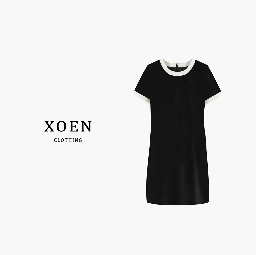 XOEN【绒华雅韵】醋酸撞色女装连衣裙长袖时尚休闲圆领百搭潮流
