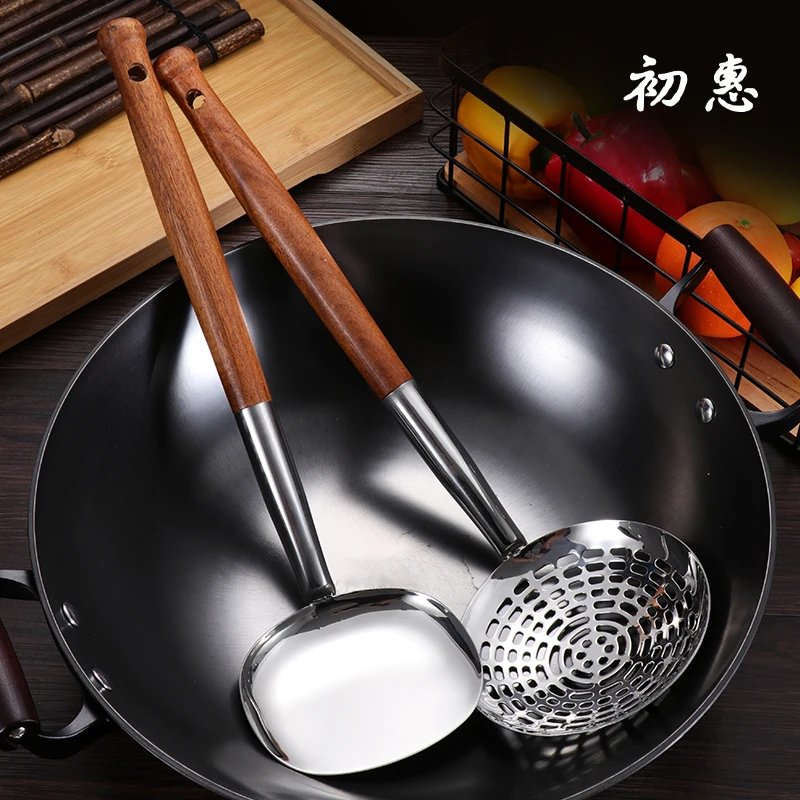 湘西土家苗族圆形加厚不锈钢木柄锅铲家用厨房大漏勺传统大锅铲
