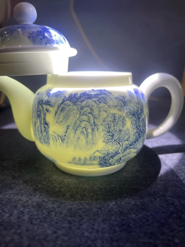 景德镇柴窑青花山白瓷松尾茶壶纯手工手绘陶瓷名窑复古家用青花瓷