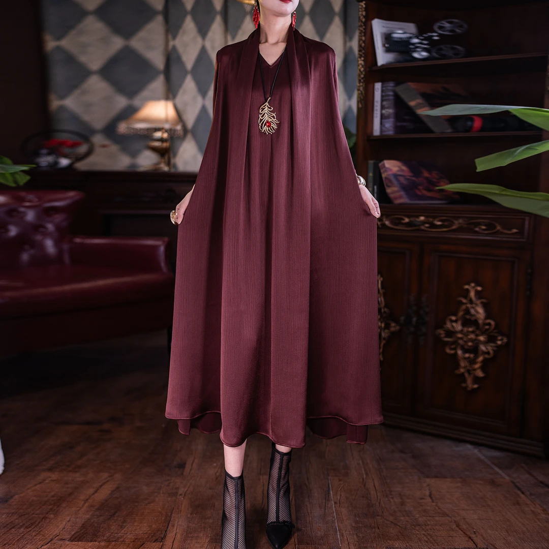 绪调（幽紫清雅）七分袖假两件显瘦新中式长款女装连衣裙XD0719