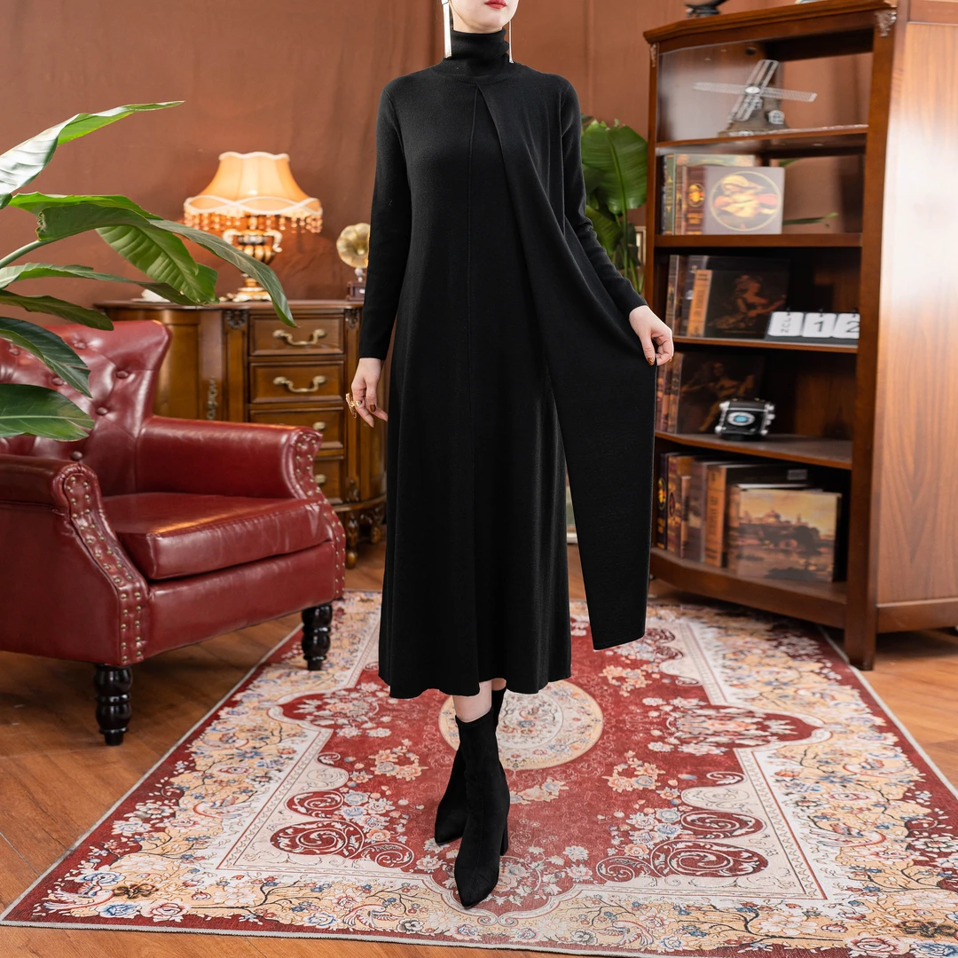 绪调秋冬新中式长款显瘦羊毛连衣裙XD1111D