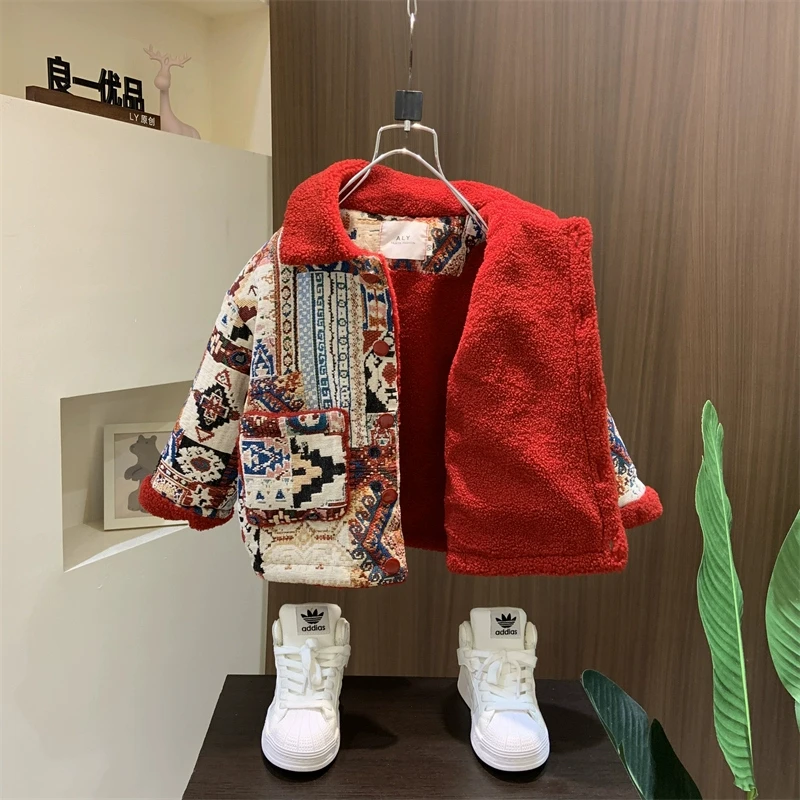 男童加绒外套冬季加厚儿童民族风拜年服2024新款宝宝国风过年服潮