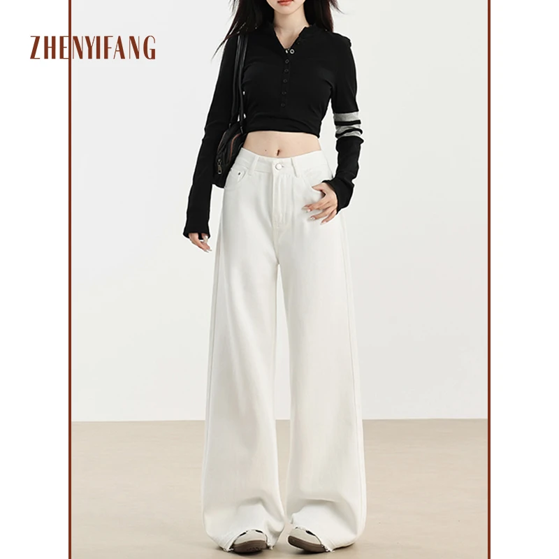 ZHENYIFANG/真衣坊美式复古白色阔腿牛仔裤宽松显瘦垂感拖地裤子