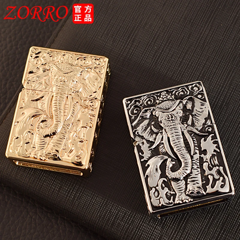 ZORRO佐罗打火机盔甲浮雕大象高档黄铜内胆创意老式砂轮火机个性