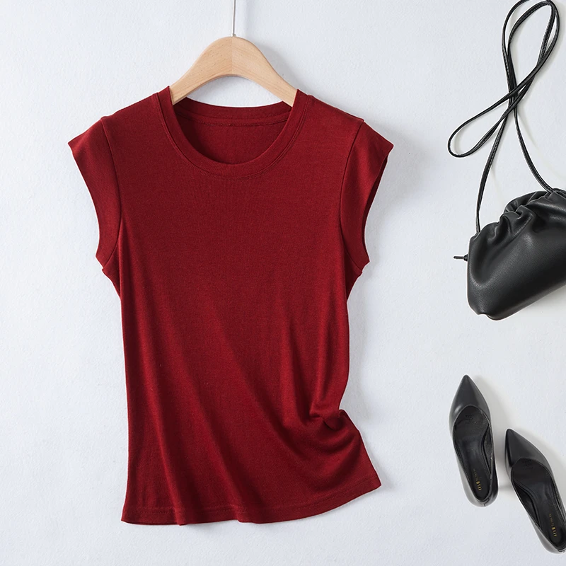 【莱赛尔+桑蚕丝】2025夏季新款气质T恤修身纯色短袖圆领莫奈花园风