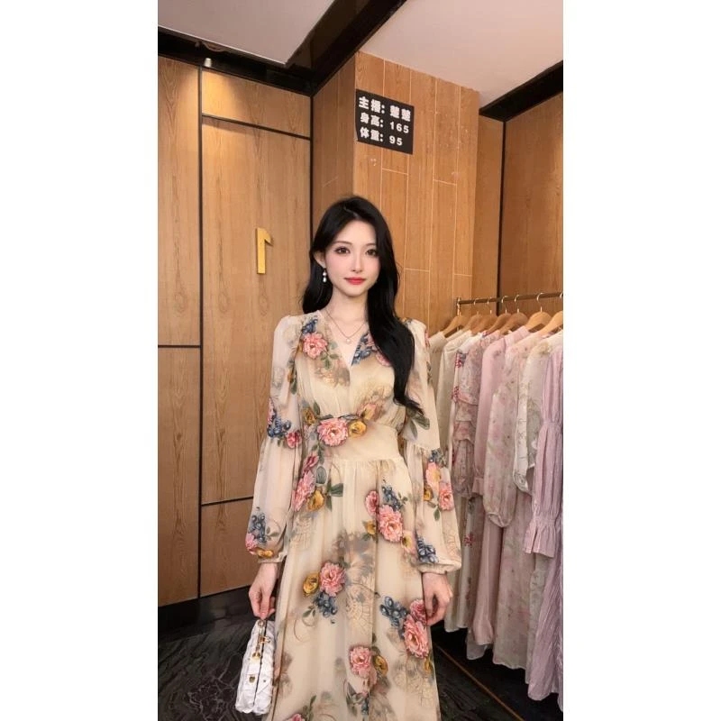 气质休闲风印花V领连衣裙秋季新款高级感显瘦减龄长袖A字裙