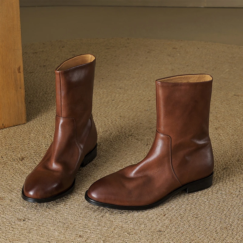 纯牛皮圆头舒适中筒靴女2.5cm大码气质百搭时尚100%头层牛皮短靴