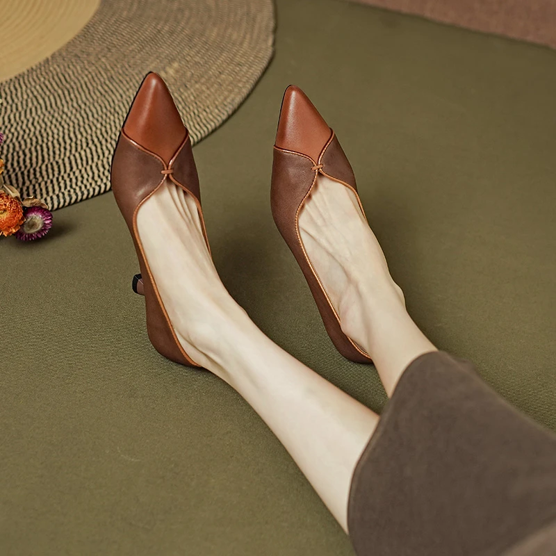 头层小牛皮气质优雅浅口尖头鞋5公分百搭拼色全真皮旗袍舒适女鞋