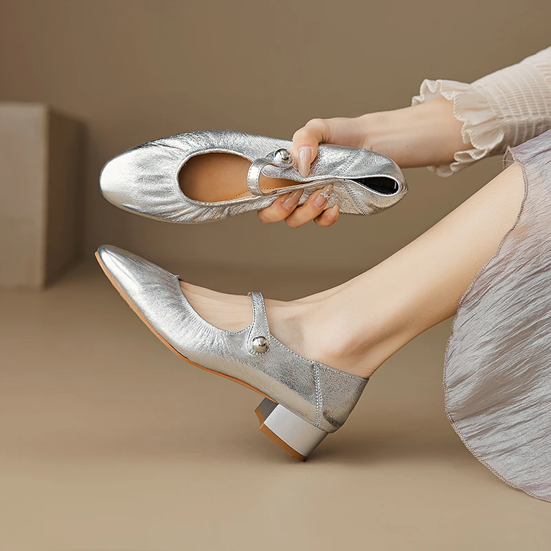 软羊皮3.5cm34-42码气质粗跟软底玛丽珍真皮女鞋中跟百搭浅口鞋女