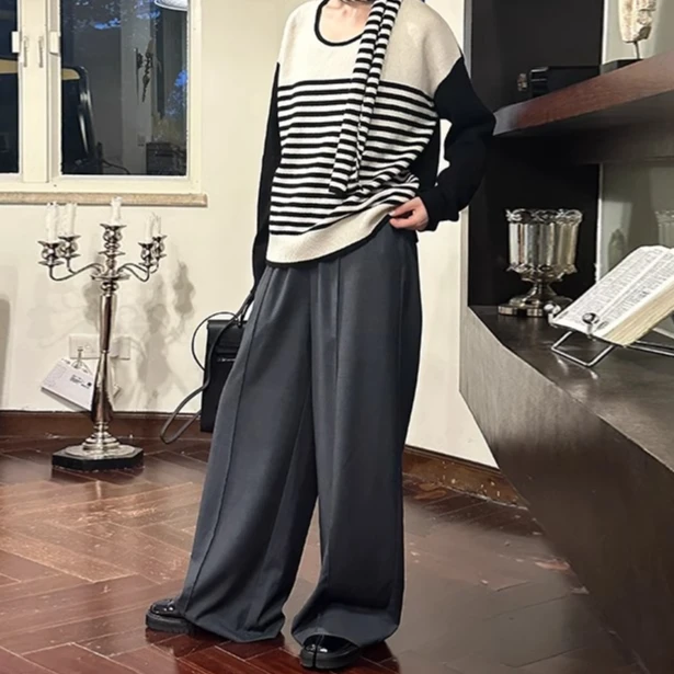 【茉舍】HI TO HI 垂感条纹拼色针织衫廓形西裤女H2728-1080