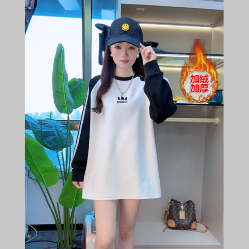 欧洲站三条杠撞色插肩袖t恤女秋冬季2025新款三叶子宽松减龄上衣