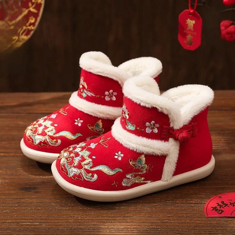 2025冬季儿童棉鞋舒适加厚花朵古装汉服鞋古风女童冬季绣花棉靴子