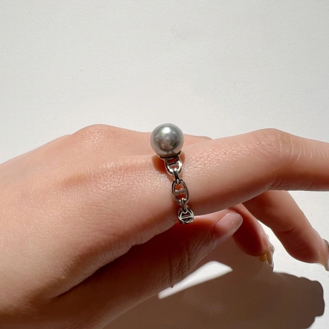 【玥白丽】真多麻爱ins风简约猪鼻戒指8-9mm正圆微瑕天然海水珍珠