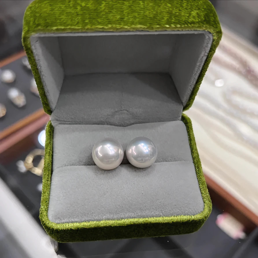 【玥白丽加厚18k金针】特选赛澳白12-13mm极光珍珠耳钉爱迪生正圆