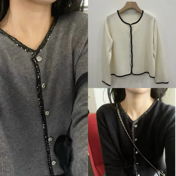 【清】100%绵羊毛 重工花边拼接全羊毛针织开衫9523