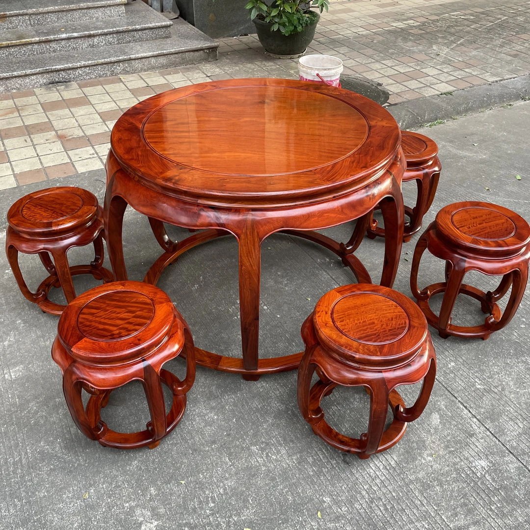 七件套缅花五足鼓桌餐桌吃饭桌家用客厅圆餐桌茶台桌六人桌休闲桌