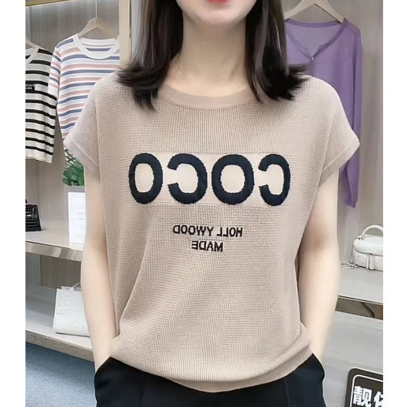 字母印花短袖女薄款夏季2024时尚洋气圆领飞飞袖t恤宽松减龄上衣