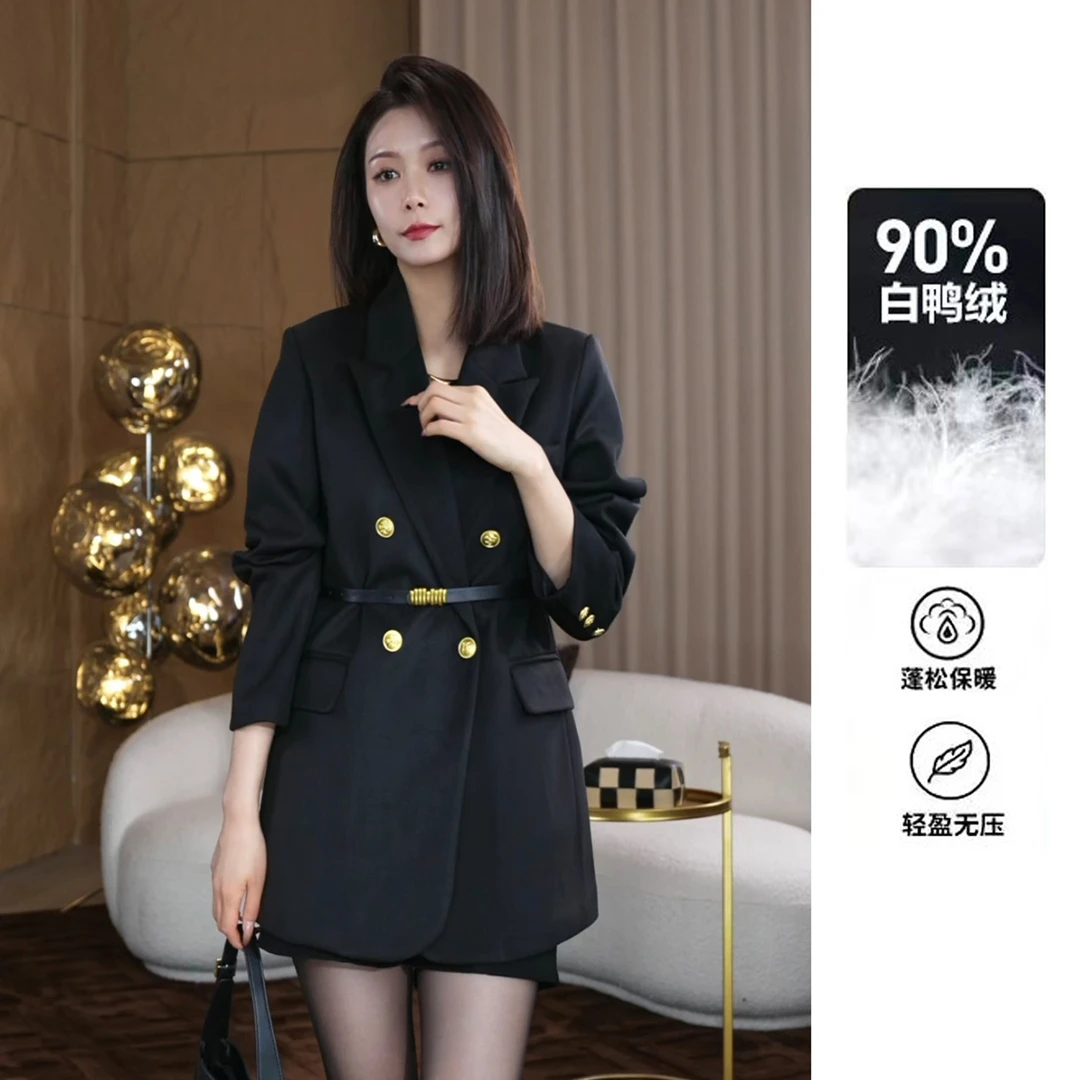 【YINGZI】冬季百搭羽绒服西装毛呢外套女气质双排扣白鸭绒【送腰带】