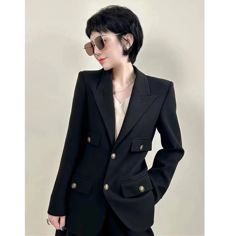 经典高级感黑色西装外套女2025春秋杨树林修身显瘦明星同款西服