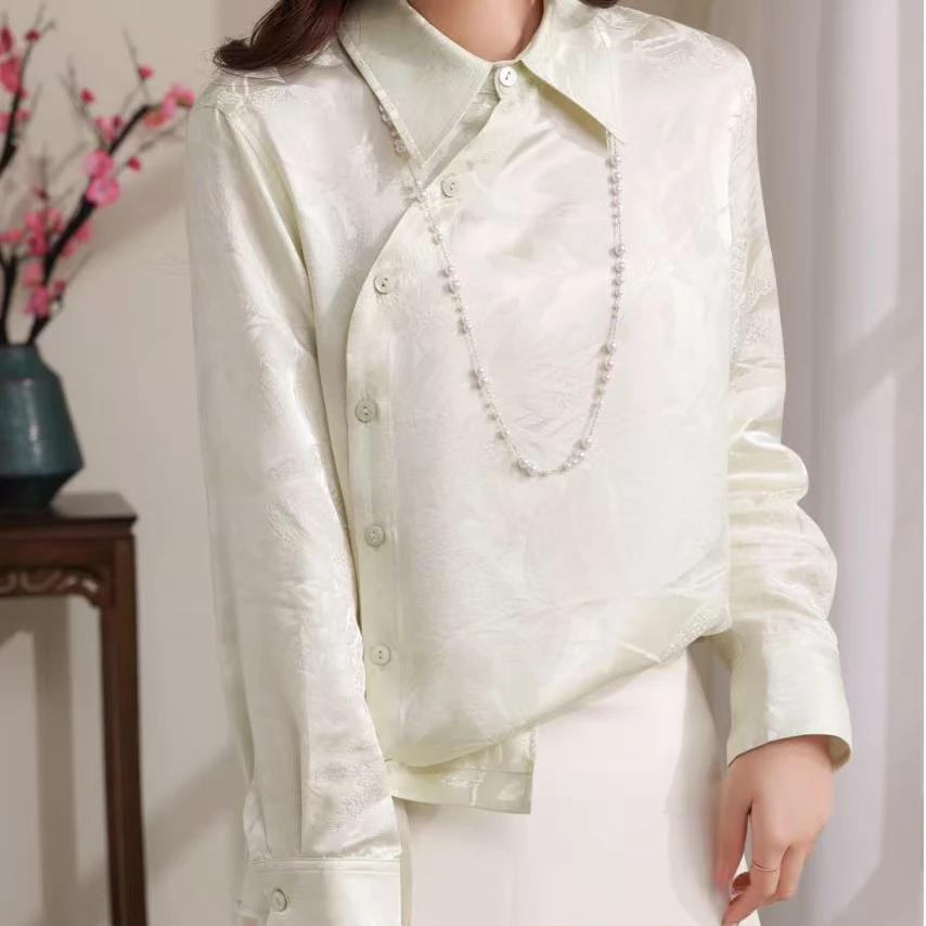 新中式衬衫女真丝提花花螺面料国风小衫桑蚕丝衬衣上衣2024春新款