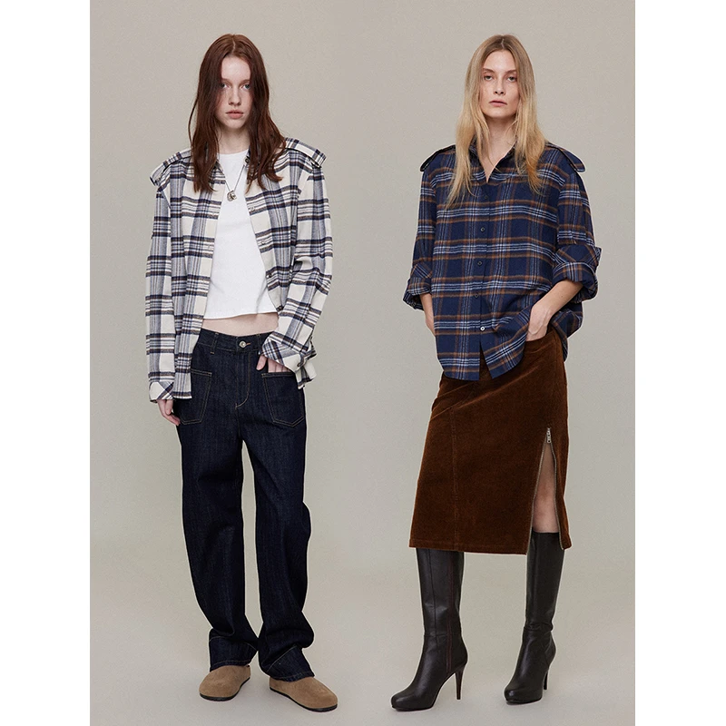 saumple study symp 肩章磨毛格纹宽松衬衫