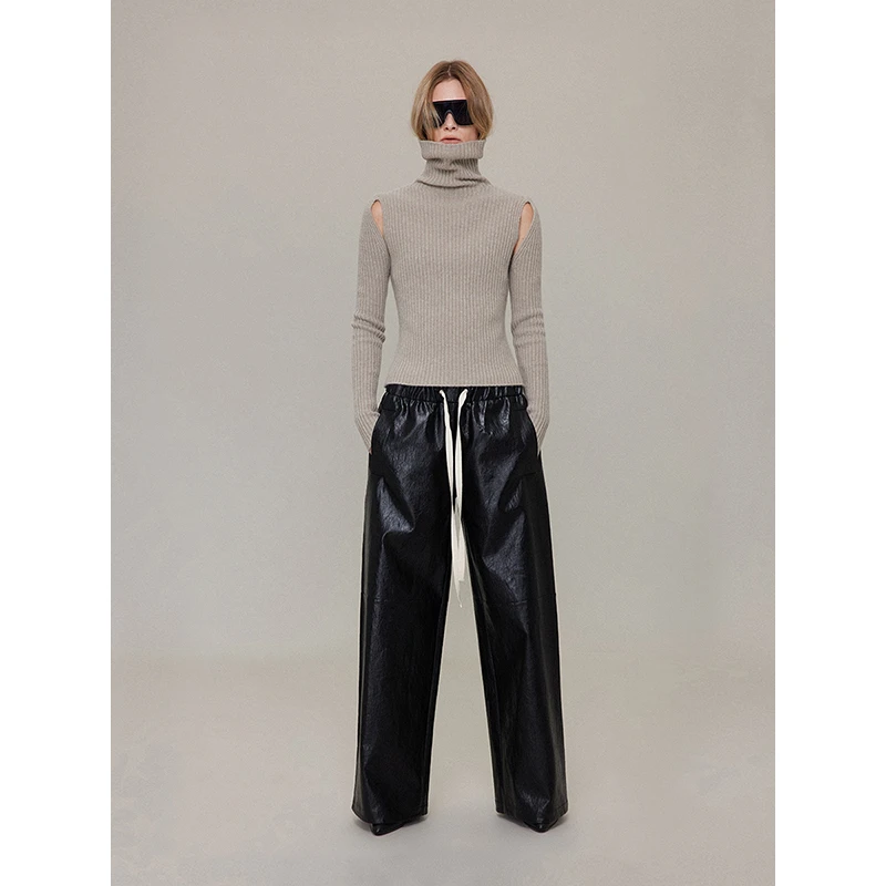 saumple study symp 油腊皮直筒阔腿抽绳长裤